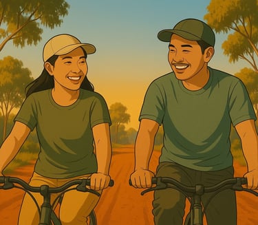 Smiling Vietnamese couple cycling on a dusty Mallee track under warm morning light, gum trees behind them.