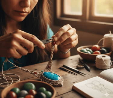 Mujer artesana usando pinzas de joyería para elaborar un collar de macramé hecho a mano con piedra