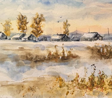 a watercolor painting of a snowy peaceful farm community. Art will get you with its