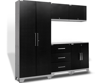 Custom steel garage storage cabinets installed beside epoxy floor