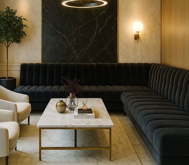 Luxurious black velvet L-shaped banquette with tufted back, crafted by Solo Home Décor for a refined lounge setting.