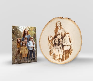 a family photo of a family of four children who is engraved on a piece of wood
