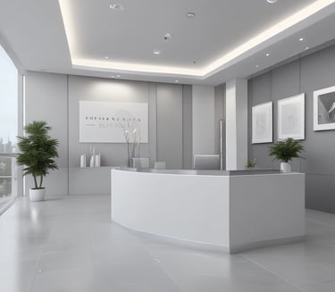 A clean, modern office reception area with a friendly receptionist ready to assist.