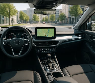 Interior moderno de carro 2025 com painel digital, central multimídia e volante multifuncional.