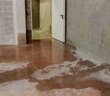 alt="Flooded basement with standing red-colored water spreading across concrete floor"