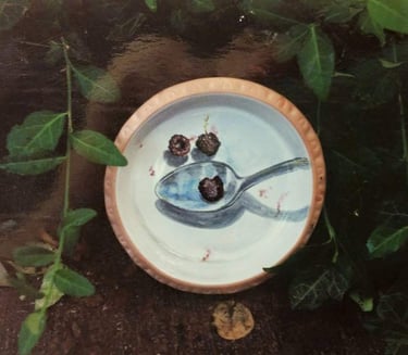 blackberries, Chanticleer pottery, Chanticleer ceramics, trompe l'oeil, decorator Pamela Sue Perry