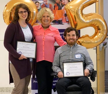 Sean with director of DO-IT and Krista Greerar, both holding a framed 2015 Trailblazer award