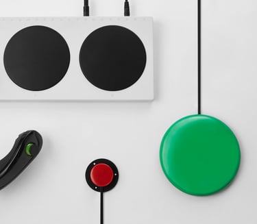 Xbox adaptive controller, a while rectangle with 2 large buttons, and additional accessories