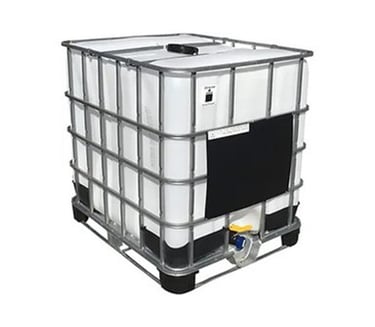 White 275 gallon IBC tote tank in a galvanized steel cage on a pallet base for liquid storage.