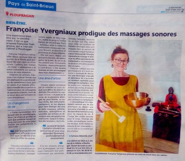 Article paru sur moi et mon travail de sonothérapie dans le Penthièvre à l'ouverture du cabinet.