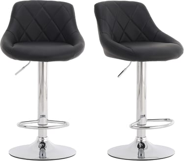 Set of two black faux leather swivel bar stools with diamond-tufted backs and chrome adjustable bases.