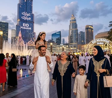 Happy family celebrating Eid Mubarak in front of the Burj Khalifa and Dubai Fountain at night.