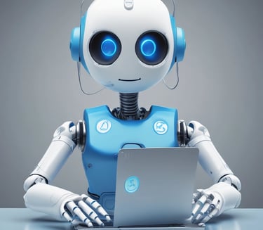 A small, white humanoid robot with blue accents, including eyes, mouth, and a circular badge with the letters 'AI' on its chest, is positioned in front of a blue laptop on a metallic surface. The robot has a simple, smooth design with two cylindrical arms and a small antenna on top.