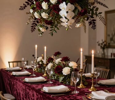 Intimate birthday celebration tablescape, jewel-toned velvet linens and brass candle holders on a long table, overhead floral installation in deep burgundy and ivory blooms, warm ambient lighting from the left