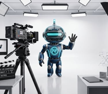 A cute blue robot waves at a professional film camera in a bright white video production studio.