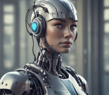 A futuristic female cyborg with realistic facial features and a sleek silver robotic exoskeleton body.