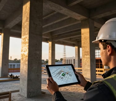 An engineer holding a tablet displaying a 3D BIM model on an organized high-end construction site, golden hour light reflecting on structural concrete columns, sharp focus