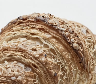 Macro shot of a complex food texture, e.g., the layered surface of a croissant or the intricate pattern of a cracker, clean neutral studio lighting, cool desaturated tones, sharp focus, shallow depth of field, clinical aesthetic