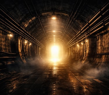 Dark industrial underground tunnel with glowing lights leading to a bright exit