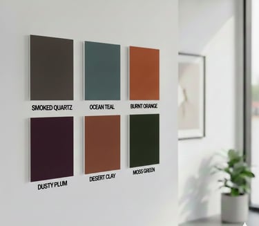 Six earth-tone interior paint color swatches displayed on a modern white wall.