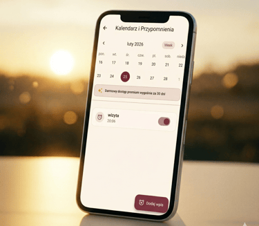 A smartphone displaying a Polish calendar and reminders app with a scheduled visit at sunset.