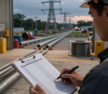 Wide environmental shot of an active electrical job site at dusk, a crew member in the foreground reviewing a cost printout clipped to a clipboard, fluorescent work lights casting harsh shadows across conduit runs and wire spools in the background, overcast sky visible through an open bay door, no smiling or posed subjects
