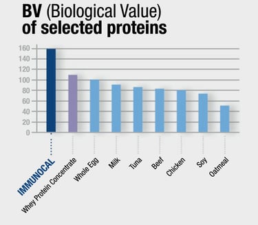 Bar chart comparing Biological Value (BV) of Immunocal protein to whey, eggs, milk, and beef. Biolog