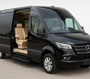 Black Mercedes-Benz Sprinter luxury passenger van with open sliding door and leather interior.