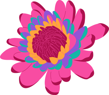 Stylized flower with pink, red, purple, turquise, and yellow petals