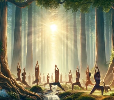 a group of people doing yoga in a forest