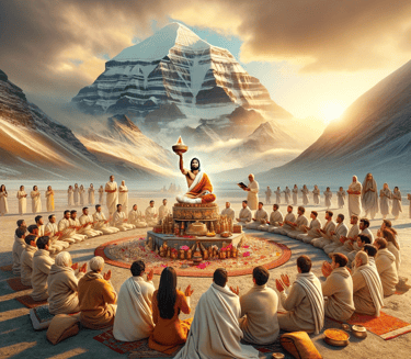 a group of people sitting around a yogi performing yoga rituals