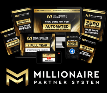 Millionaire Partner System digital marketing course materials and automated business software on multiple devices.