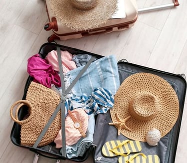 a suitcase with a hat on top of it