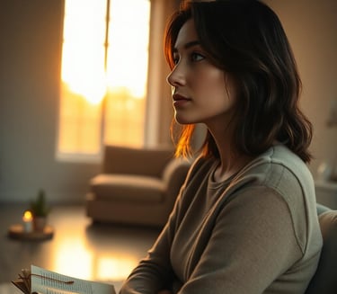 a woman sitting on a couch reading a book