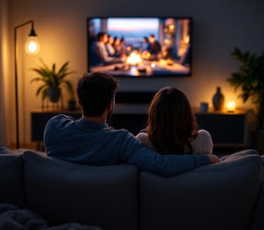 a couple sitting on a couch watching tv