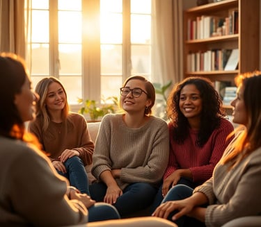 a group of friends sitting on a couch in a living room