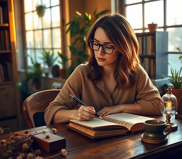 a woman is sitting at a table with a pen and a notebook