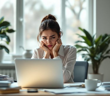 a woman sitting at a desk with a laptop computer