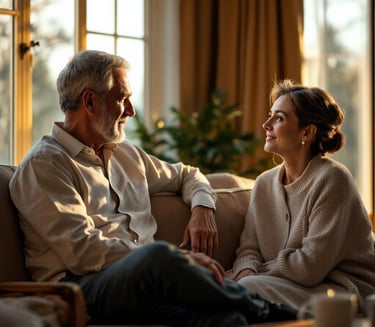 a man and woman sitting on a couch