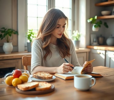 a woman is writing on a notebook while sitting at a table