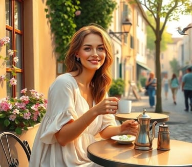 woman enjoying the sunshine and drinking a cup of coffee