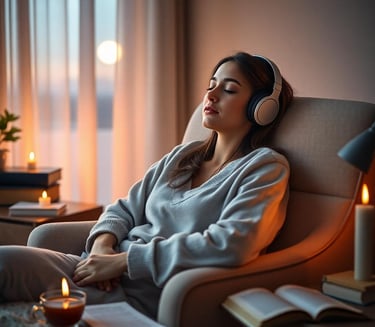 a woman sitting in a chair with headphones on