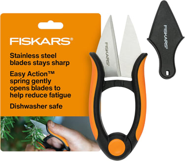 Fiskars herb snips with stainless steel blades, Easy Action spring, and a black safety sheath for precision pruning.