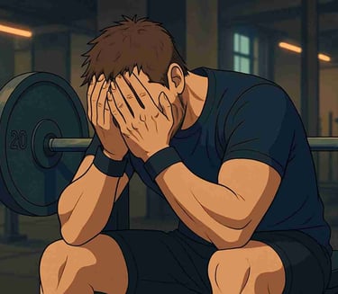 Man som sitter med händerna för ansiktet på gymmet