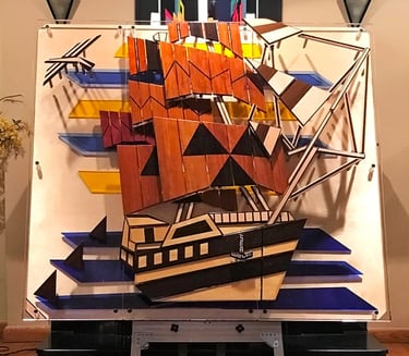 SEA WOLF easel pic-3 art sections mounted on 1 baltic birch back-richWOODart.com-59"x43" 150 lbs.