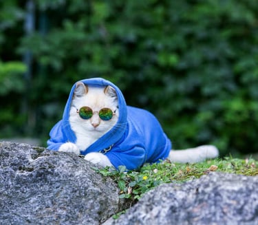 Un gato blanco con una sudadera azul con capucha y gafas de sol redondas está sentado sobre una roca