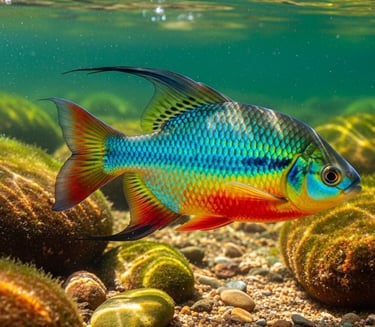 peixe piaú com barriga vermelha e mancha escura nas lateral no fundo rio