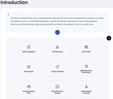 User interface showing an academic writing tool with options to add paragraphs, tables, and research graphs.