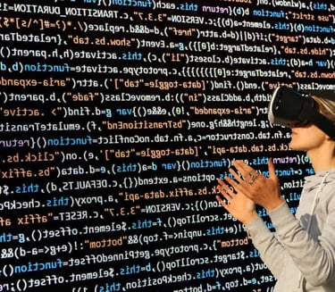 une femme avec un casque de réalité virtuelle devant un mur de lignes de code