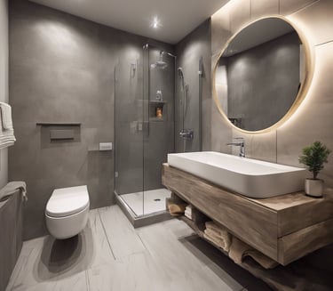 create an image of a bathroom, shower, basen, mirror in a single image so I can show as catalouge  